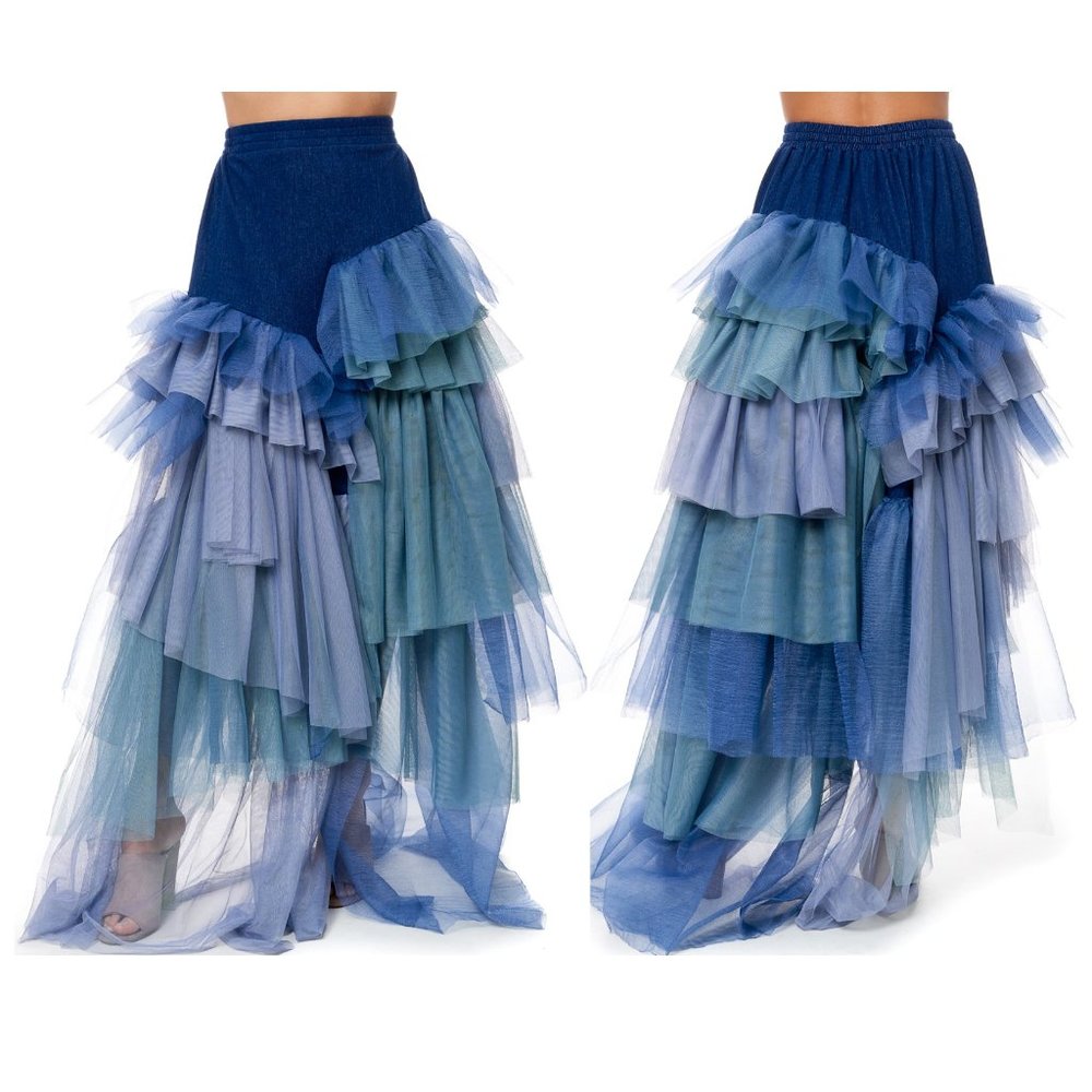 NEW Tov Holy Blue Tiered Tulle Maxi Skirt Dress S M L XL MSRP $262